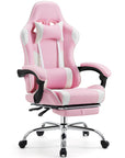Adjustable ergonomic gaming chair with footrest, stainless steel frame, and plush leather upholstery.