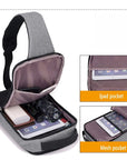 Anti-theft crossbody sling bag made from durable polyester, featuring a USB charging port, computer pocket, and soft surface. Ideal for secure storage and on-the-go charging, with a stylish, casual design and car suture detail.