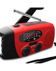 Solar hand crank radio with USB charging port, red in color. Features include a Midland Weather Alert Radio, hand crank radio flashlight, and solar charging capabilities, designed for emergency preparedness and outdoor use.