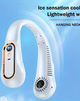 Portable bladeless neck fan with 5 adjustable wind speeds, USB rechargeable, perfect for outdoor activities, travel, and staying cool during hot weather. Wearable design with a sleek, bladeless style for comfort and convenience