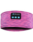 A pink Bluetooth music headband designed as a wireless eye mask, featuring hands-free calling, voice control, and stereo sound. Ideal for running, relaxing, or sleeping, offering a comfortable, head-mounted fit with Bluetooth 5.0 connectivity.