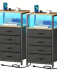 Modern nightstand with built-in charging station, LED light, and three fabric drawers. Includes USB ports and outlets for easy device charging, perfect for bedroom or bedside use