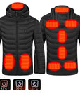 Men's USB heated jacket with removable hood, carbon fiber heating elements, and adjustable temperature control for ultimate warmth. Lightweight and windproof design, perfect for outdoor activities and cold weather. Features a detachable hood and convenient storage bag for easy travel