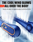 Portable bladeless neck fan with 5 adjustable wind speeds, USB rechargeable, perfect for outdoor activities, travel, and staying cool during hot weather. Wearable design with a sleek, bladeless style for comfort and convenience