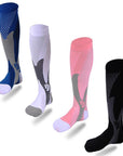 Unisex compression socks made from polyester, nylon, and cotton, designed for improved circulation, reduced swelling, and all-day comfort. Available in multiple sizes for men and women