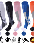 Unisex compression socks made from polyester, nylon, and cotton, designed for improved circulation, reduced swelling, and all-day comfort. Available in multiple sizes for men and women