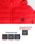 Men's USB heated jacket with removable hood, carbon fiber heating elements, and adjustable temperature control for ultimate warmth. Lightweight and windproof design, perfect for outdoor activities and cold weather. Features a detachable hood and convenient storage bag for easy travel