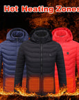 Men's USB heated jacket with removable hood, carbon fiber heating elements, and adjustable temperature control for ultimate warmth. Lightweight and windproof design, perfect for outdoor activities and cold weather. Features a detachable hood and convenient storage bag for easy travel