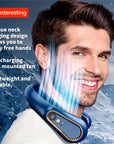 Portable bladeless neck fan with 5 adjustable wind speeds, USB rechargeable, perfect for outdoor activities, travel, and staying cool during hot weather. Wearable design with a sleek, bladeless style for comfort and convenience