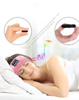 A pink Bluetooth music headband designed as a wireless eye mask, featuring hands-free calling, voice control, and stereo sound. Ideal for running, relaxing, or sleeping, offering a comfortable, head-mounted fit with Bluetooth 5.0 connectivity.