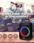 Portable karaoke machine with 2 wireless mics, Bluetooth, and 15-watt speaker. Includes multiple playback modes, smart device holder, and rechargeable battery.