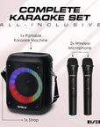 Portable karaoke machine with 2 wireless mics, Bluetooth, and 15-watt speaker. Includes multiple playback modes, smart device holder, and rechargeable battery.