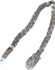 Elegant sterling silver belt bracelet with geometric design and platinum plating, featuring a unique belt buckle style.