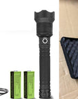 Powerful CREE XHP70.2 LED flashlight with 150,000 lumens, rechargeable batteries, zoom lens, and water resistance