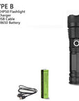 Powerful CREE XHP70.2 LED flashlight with 150,000 lumens, rechargeable batteries, zoom lens, and water resistance