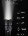 Powerful CREE XHP70.2 LED flashlight with 150,000 lumens, rechargeable batteries, zoom lens, and water resistance