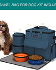 Dog Travel Bag, Weekend Pet Travel Set for Dog and Cat, Airline Approved Tote Organizer with Multi-Function Pockets, 2 Food Storage Containers, 2 Collapsible Bowls, 1 Feeding Mat (Blue)