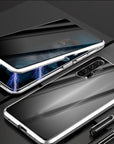 Magnetic privacy case for iPhone 13 Pro Max with anti-peep protection. Made with a metal frame and tempered glass, this phone case offers secure screen privacy and magnetic suction for easy attachment.