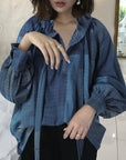 Women's bow stand collar blouse, Blouse with lantern sleeves for women, Women's elegant bow blouse, Lantern sleeve blouse with stand collar, Stylish blouse for ladies with bow detail, Feminine top with lantern sleeves, Women's fashion blouse with bow neckline, Stand collar blouse with bow accent, Chic blouse with lantern sleeves for females, Women's trendy top with bow and lantern sleeves,