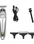 Quick charge beard trimmer featuring self-sharpening blades, adjustable length settings, and ergonomic design for precise trimming.