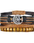 4Pcs/Set braided leather bracelets with wooden beads and rustic charms, including life tree and rudder designs, offering a vintage tribal-inspired look with braided patterns and durable leather for a stylish, ethnic accessory.