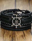 4Pcs/Set braided leather bracelets with wooden beads and rustic charms, including life tree and rudder designs, offering a vintage tribal-inspired look with braided patterns and durable leather for a stylish, ethnic accessory.