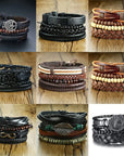 4Pcs/Set braided leather bracelets with wooden beads and rustic charms, including life tree and rudder designs, offering a vintage tribal-inspired look with braided patterns and durable leather for a stylish, ethnic accessory.