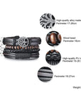 4Pcs/Set braided leather bracelets with wooden beads and rustic charms, including life tree and rudder designs, offering a vintage tribal-inspired look with braided patterns and durable leather for a stylish, ethnic accessory.