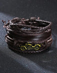 4Pcs/Set braided leather bracelets with wooden beads and rustic charms, including life tree and rudder designs, offering a vintage tribal-inspired look with braided patterns and durable leather for a stylish, ethnic accessory.