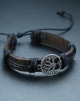 4Pcs/Set braided leather bracelets with wooden beads and rustic charms, including life tree and rudder designs, offering a vintage tribal-inspired look with braided patterns and durable leather for a stylish, ethnic accessory.