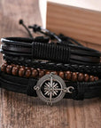 4Pcs/Set braided leather bracelets with wooden beads and rustic charms, including life tree and rudder designs, offering a vintage tribal-inspired look with braided patterns and durable leather for a stylish, ethnic accessory.