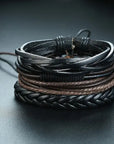 4Pcs/Set braided leather bracelets with wooden beads and rustic charms, including life tree and rudder designs, offering a vintage tribal-inspired look with braided patterns and durable leather for a stylish, ethnic accessory.