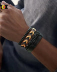 4Pcs/Set braided leather bracelets with wooden beads and rustic charms, including life tree and rudder designs, offering a vintage tribal-inspired look with braided patterns and durable leather for a stylish, ethnic accessory.