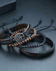 4Pcs/Set braided leather bracelets with wooden beads and rustic charms, including life tree and rudder designs, offering a vintage tribal-inspired look with braided patterns and durable leather for a stylish, ethnic accessory. Affordable handmade braided bracelets, ideal as gifts for her, featuring bohemian and minimalist style for teen fashion