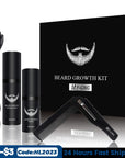 The Barber Beard Growth Kit, including beard oil, vitamins, and grooming tools, designed for complete beard care
