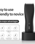 A close-up of a cordless beard trimmer, highlighting its waterproof design and fast charging capabilities, ideal for wet or dry grooming sessions.