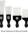 The Anti-Static Metal Afro Pick Comb resting on a natural curly hair texture, illustrating how the comb glides through hair effortlessly to reduce frizz and detangle.