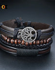 4Pcs/Set braided leather bracelets with wooden beads and rustic charms, including life tree and rudder designs, offering a vintage tribal-inspired look with braided patterns and durable leather for a stylish, ethnic accessory. A set of 4 braided bracelets in bohemian style, handmade with adjustable sizing, perfect for summer fashion and festival wear