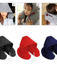 Hooded travel neck pillow with ergonomic design for comfortable journeys and restful sleep.