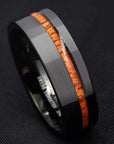 Black tungsten carbide wood ring Brushed finish wedding band Modern men's ring Wood inlay tungsten ring Sleek black wedding band Durable tungsten carbide ring Hypoallergenic men's ring Scratch-resistant wedding band Stylish wood and metal ring Elegant tungsten carbide band Minimalist wood and metal ring featuring a durable black tungsten design and eco-friendly wood inlay