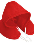 Portable hooded travel pillow designed for blocking out light and reducing neck strain on the go.
