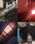 Vintage steampunk rocket lamp with intricate detailing and a glowing flame night light. This unique rocket ship lamp adds retro-futuristic charm to any room, perfect for use as a steampunk desk lamp, or stylish lighting for your bar, store, or office. Featuring high-quality craftsmanship and an E26 bulb for bright illumination, this steampunk lighting fixture enhances any space with its vintage appeal.