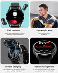 Close-up of the smartwatch screen displaying fitness metrics like heart rate, step count, and calories burned.