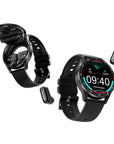 Person wearing a smartwatch with built-in headphones, using the device while running outdoors.