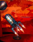 Vintage steampunk rocket lamp with intricate detailing and a glowing flame night light. This unique rocket ship lamp adds retro-futuristic charm to any room, perfect for use as a steampunk desk lamp, or stylish lighting for your bar, store, or office. Featuring high-quality craftsmanship and an E26 bulb for bright illumination, this steampunk lighting fixture enhances any space with its vintage appeal.