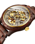 A stylish men's mechanical watch crafted from natural wood, showcasing eco-friendly design and classic craftsmanship.