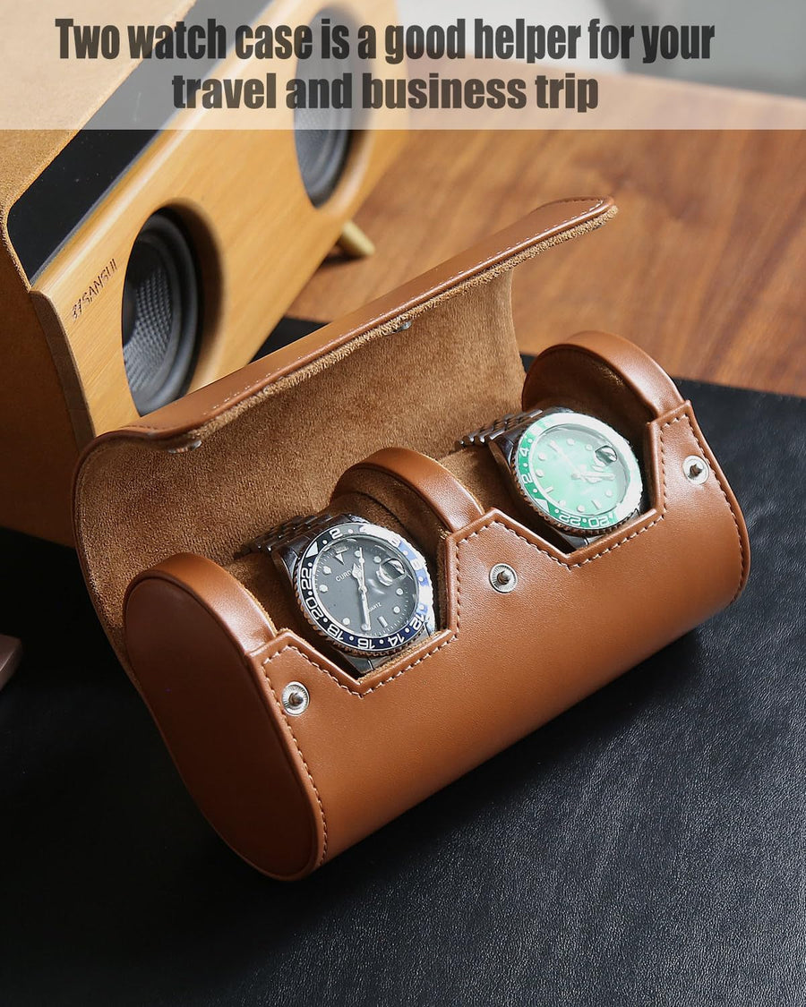 Watch Roll Travel Case for Men and Women with Suede Lining Portable 2 Slot Watch Display Storage and Organizer to Holder Large Watch(2 Slot Light Brown)