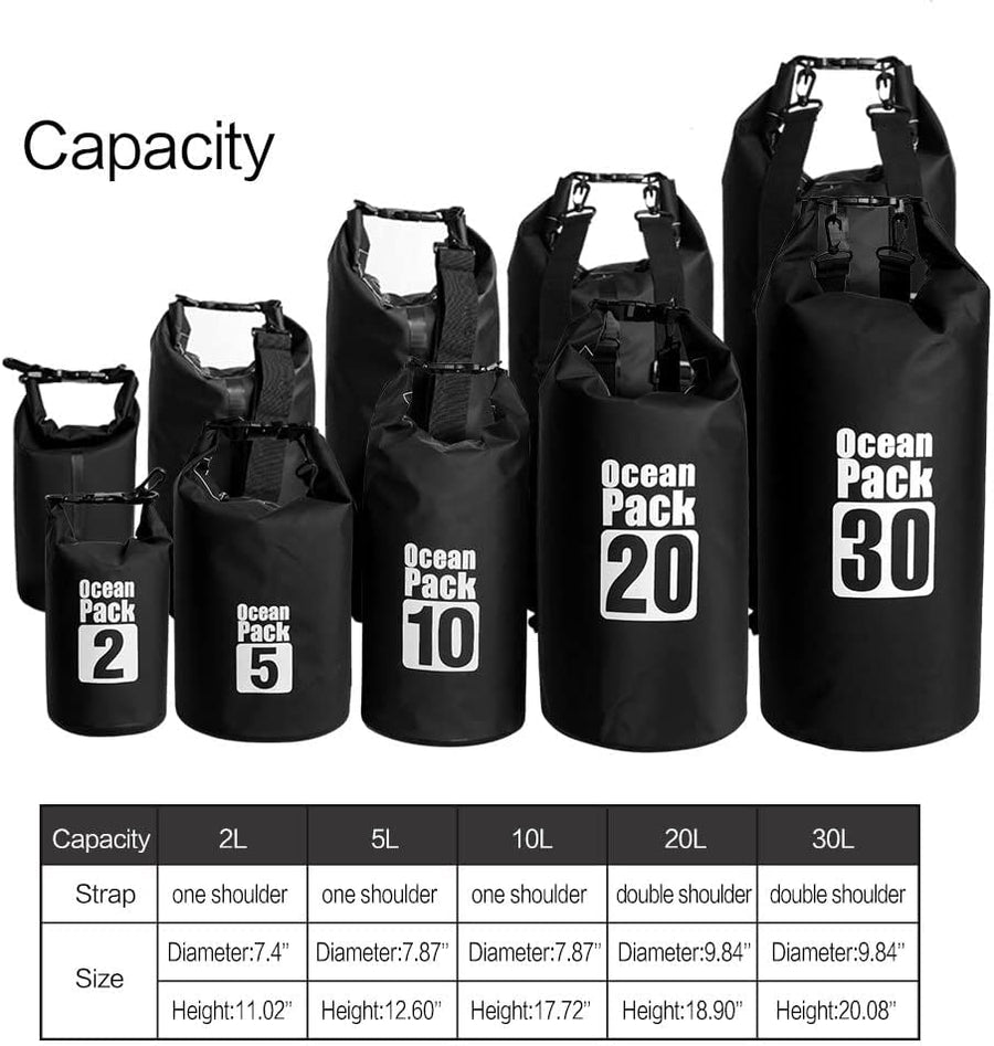 Dry Sack/Floating Waterproof Bag 2L/5L/10L/20L/30L for Boating, Kayaking, Hiking, Snowboarding, Camping, Rafting, Fishing and Backpacking