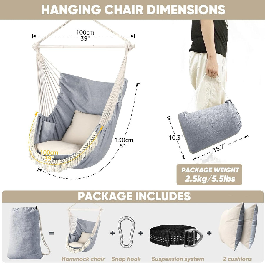 Hammock Chair Hanging Swing Max 500 Lbs 2 Cushions Included Steel Spreader Bar with Anti-Slip Grooves Portable Hanging