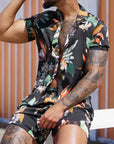 Men's Casual Sport Sets Regular Fit Tropical Print Button down Short Sleeve Cuban Collar Top Blouse and Shorts Fashion Summer Breathable Two Piece Suits Black XXL